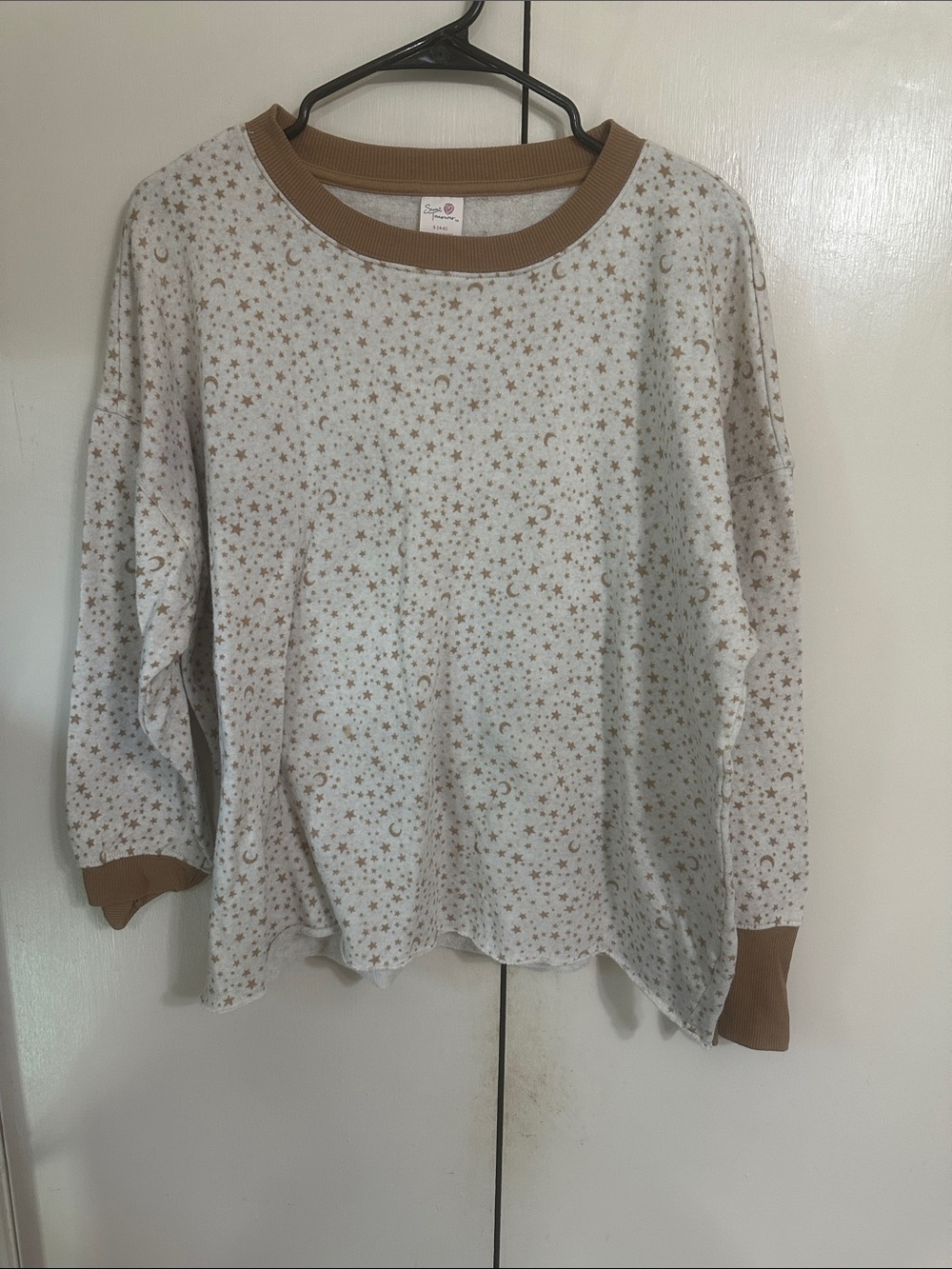 Secret Treasures Cream Star & Moon Pullover with Brown Trim